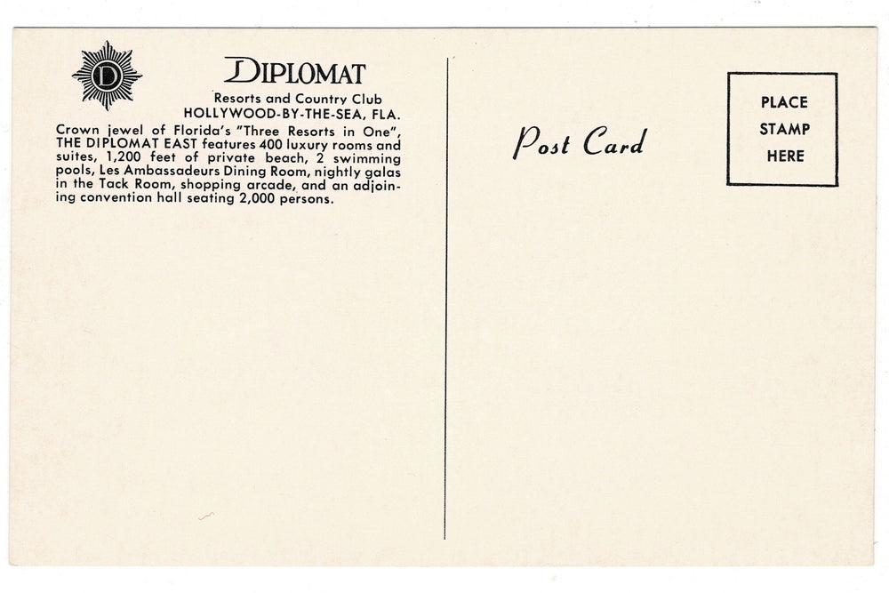  1960s Diplomat East, Hollywood-by-the-Sea, Florida Vintage Postcard, back.