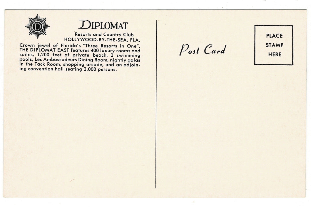  1960s Diplomat East, Hollywood-by-the-Sea, Florida Vintage Postcard, back.
