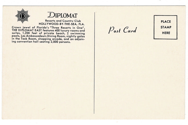  1960s Diplomat East, Hollywood-by-the-Sea, Florida Vintage Postcard, back.