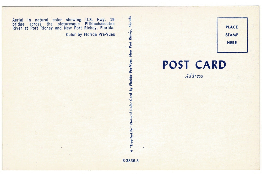 50s Pithlachascotee River Bridge Port Richey Florida Vintage Postcard, back.