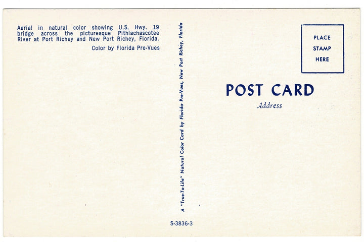 50s Pithlachascotee River Bridge Port Richey Florida Vintage Postcard, back.