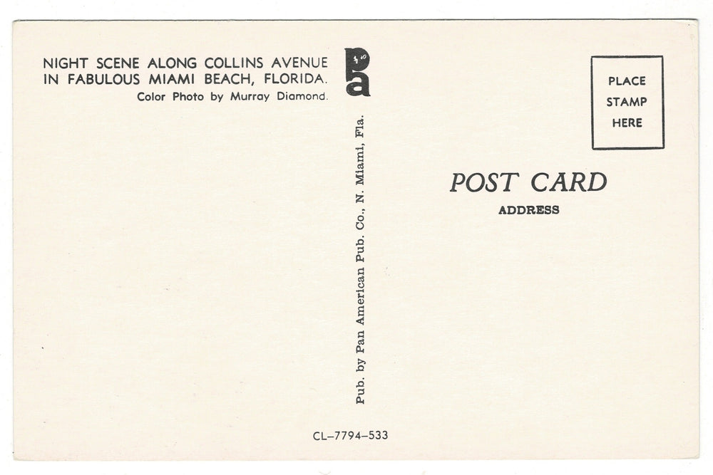  1958 Collins Avenue at Night, Miami Beach Florida Vintage Postcard, back.