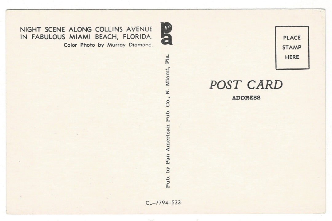  1958 Collins Avenue at Night, Miami Beach Florida Vintage Postcard, back.