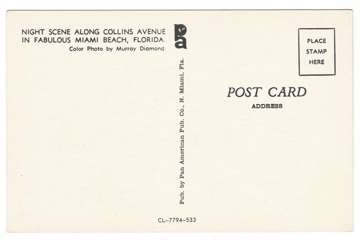  1958 Collins Avenue at Night, Miami Beach Florida Vintage Postcard, back.