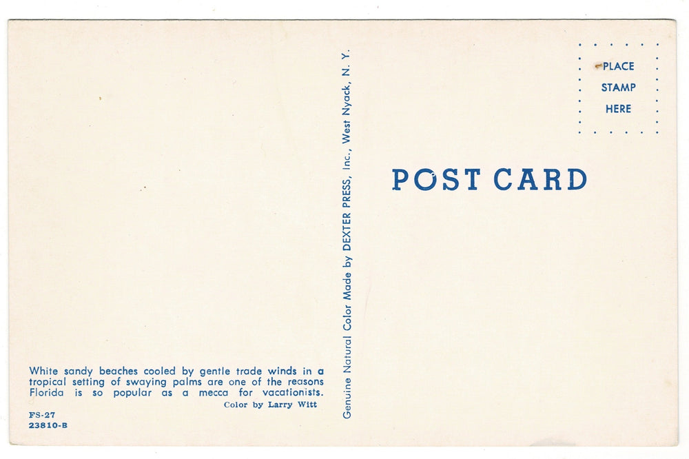 1959 Crandon Park Beach Scene, Key Biscayne, Florida Vintage Postcard, back.