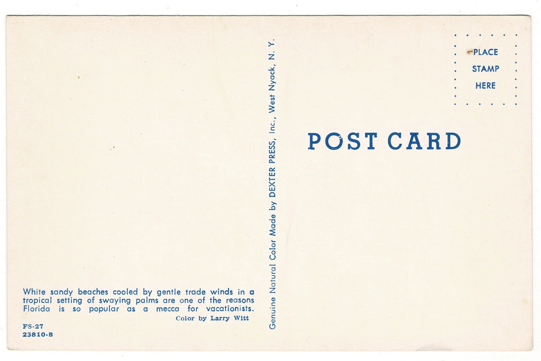 1959 Crandon Park Beach Scene, Key Biscayne, Florida Vintage Postcard, back.