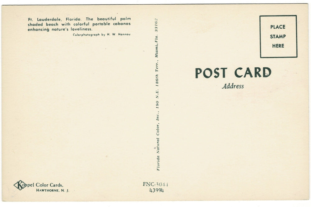 1960s Fort Lauderdale Beach, Florida Vintage Postcard, back,