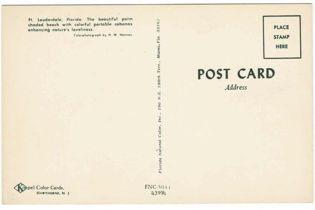 1960s Fort Lauderdale Beach, Florida Vintage Postcard, back,