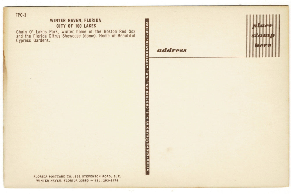 1960s Chain O’ Lakes Ball Park, Winter Haven, Florida Vintage Postcard.