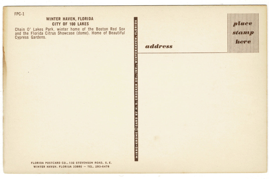 1960s Chain O’ Lakes Ball Park, Winter Haven, Florida Vintage Postcard.