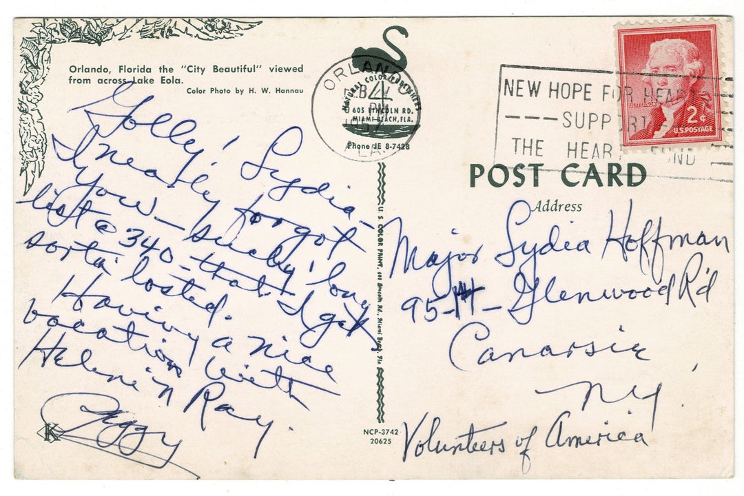 1957 Cherry Plaza Hotel Overlooking Lake Eola Orlando Vintage Postcard, back.