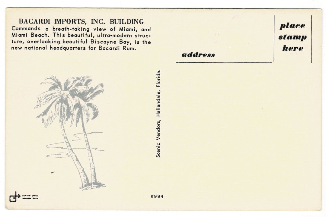1963 Bacardi Building, Miami, Florida Vintage Postcard, back.