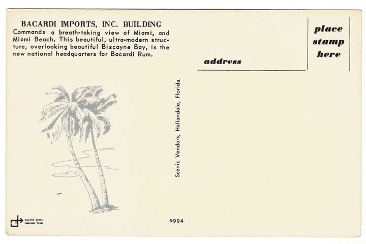 1963 Bacardi Building, Miami, Florida Vintage Postcard, back.
