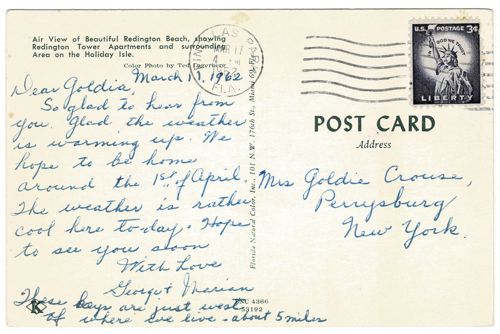  1962 Redington Tower Apartments at Beach, Florida Vintage Postcard.