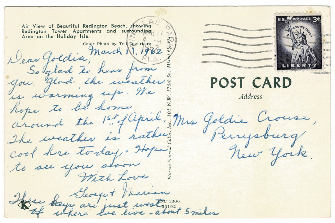  1962 Redington Tower Apartments at Beach, Florida Vintage Postcard.