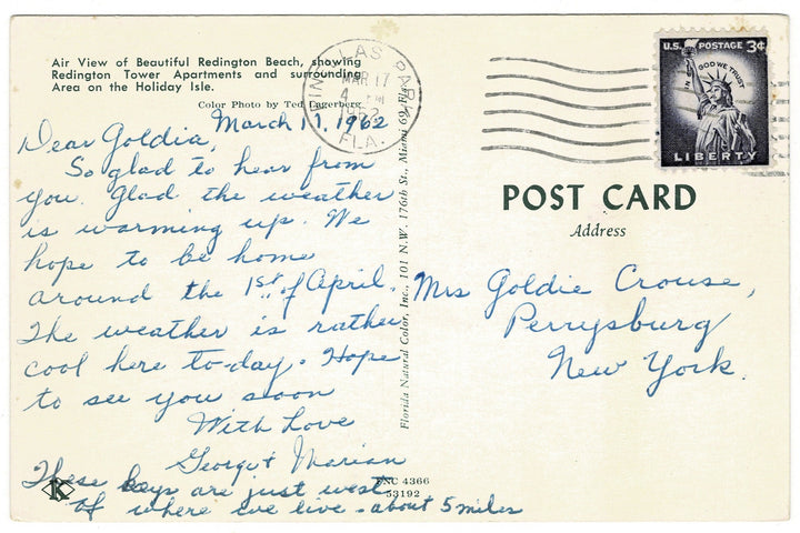  1962 Redington Tower Apartments at Beach, Florida Vintage Postcard.