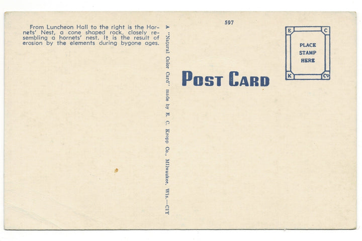 1940s Hornet’s Nest Rock Formation, Wisconsin Dells Vintage Postcard, back.