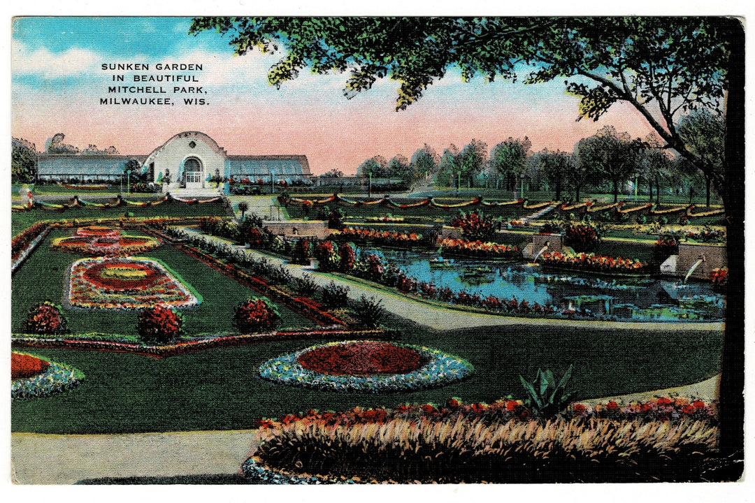 Vintage postcard of Bunken Garden in Mitchell Park, Milwaukee, WI with a garden and pond.