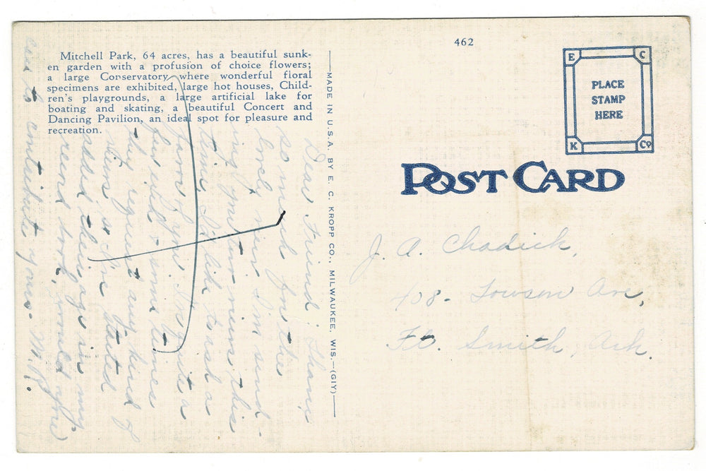 Vintage postcard with handwritten text and a stamp area, featuring the word 'Postcard' at the top.