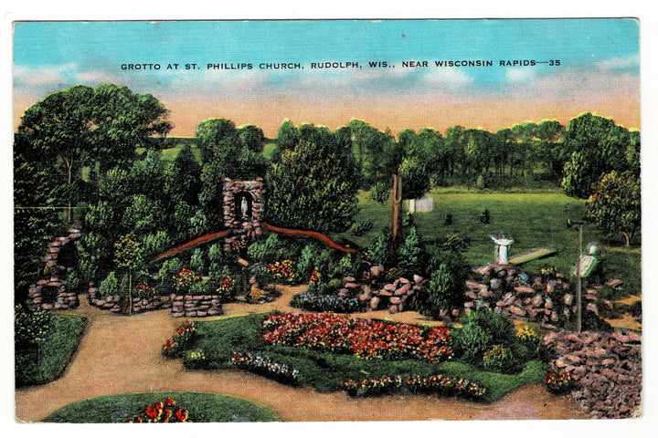 Grotto at St. Phillips Church, Rudolph, WI, near Wisconsin Rapids on a vintage postcard.