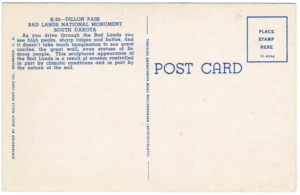 1950s Dillon Pass Bad Lands South Dakota Vintage Postcard, back view.