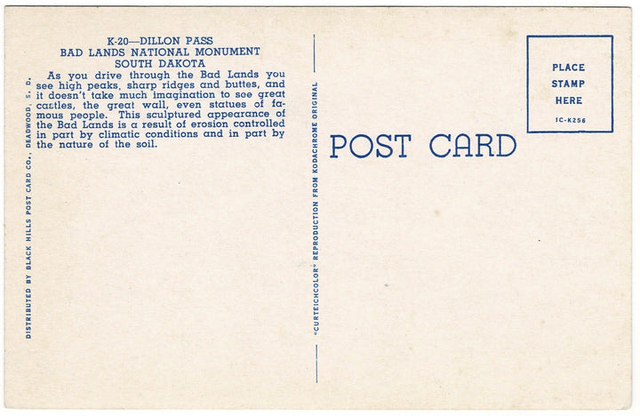 1950s Dillon Pass Bad Lands South Dakota Vintage Postcard, back view.