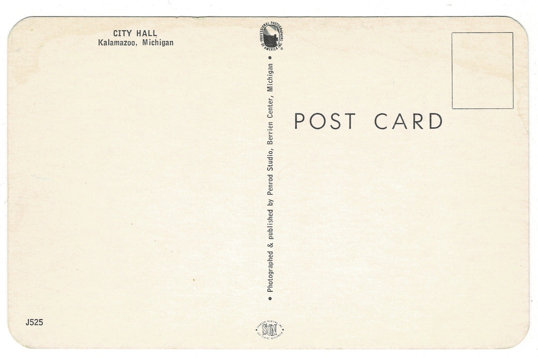 Back of a postcard from City Hall, Kalamazoo, Michigan with text and a logo.