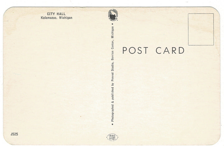 Back of a postcard from City Hall, Kalamazoo, Michigan with text and a logo.