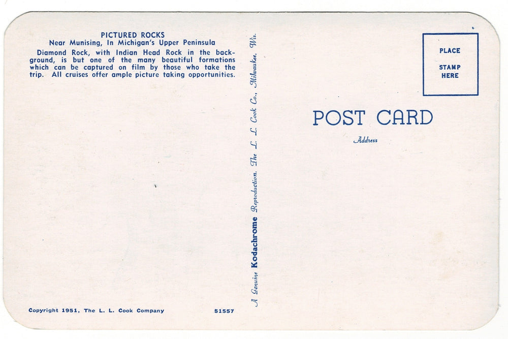  1951 Diamond and Indian Head Rock, Michigan Vintage Postcard.