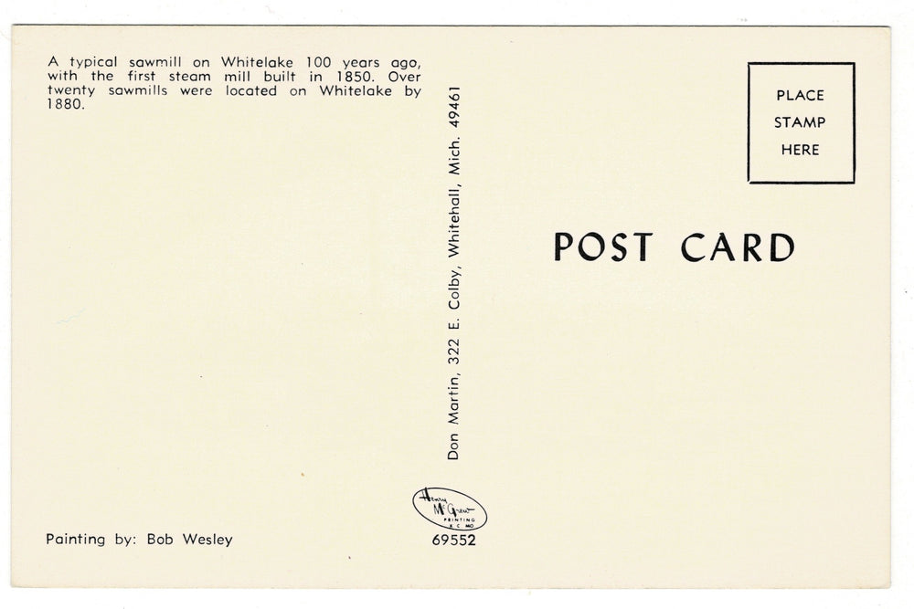Back of a postcard with text about historical sawmills on Whitleate, Michigan.