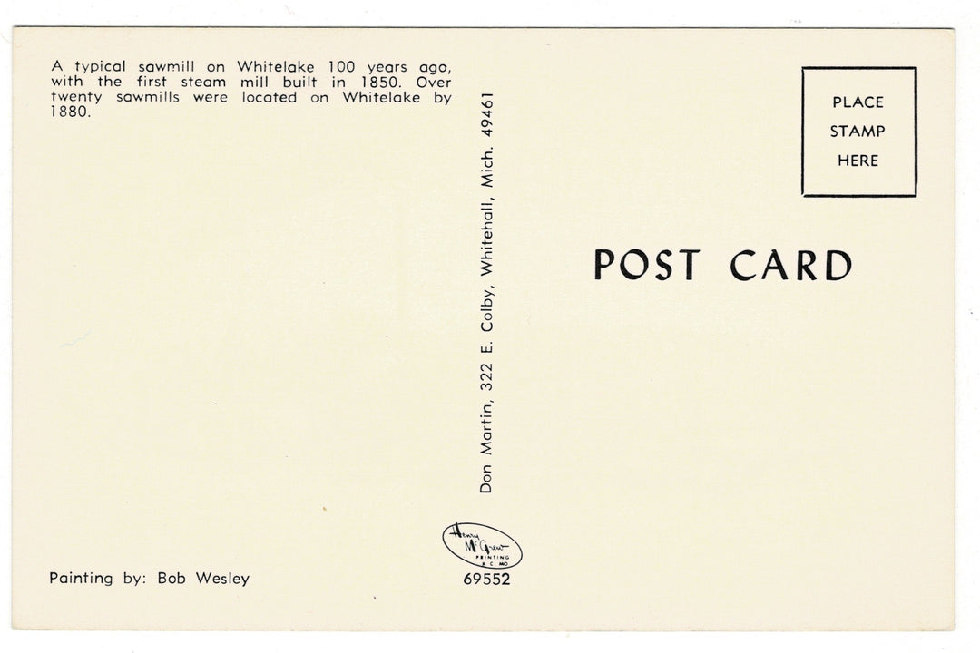 Back of a postcard with text about historical sawmills on Whitleate, Michigan.