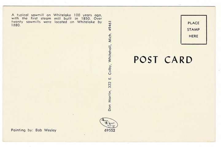 Back of a postcard with text about historical sawmills on Whitleate, Michigan.
