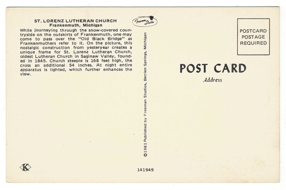  1981 Snowy St. Lorenz Church, Frankenmuth Michigan Vintage Postcard.