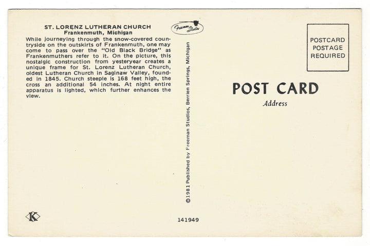  1981 Snowy St. Lorenz Church, Frankenmuth Michigan Vintage Postcard.
