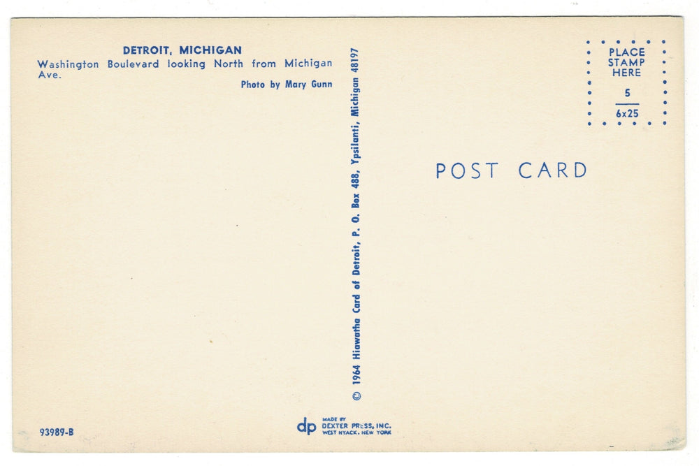 1964 Street Activity Washington Blvd Detroit Michigan Vintage Postcard.