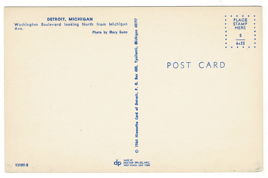 1964 Street Activity Washington Blvd Detroit Michigan Vintage Postcard.