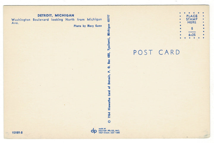 1964 Street Activity Washington Blvd Detroit Michigan Vintage Postcard.