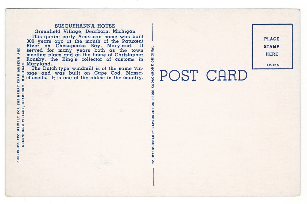 Susquehanna House Greenfield Village Dearborn Michigan Vintage Postcard.