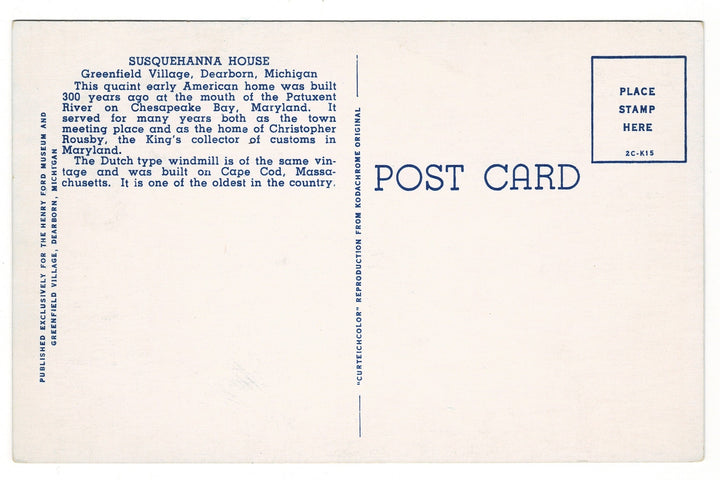 Susquehanna House Greenfield Village Dearborn Michigan Vintage Postcard.