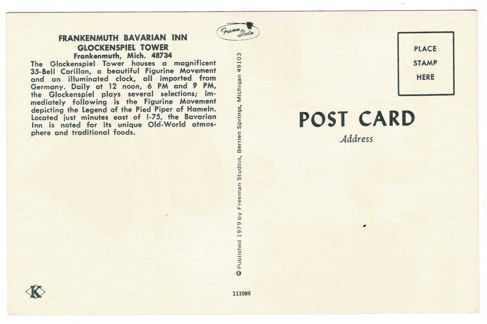 1979 Bavarian Inn Glockenspiel Frankenmuth Michigan Vintage Postcard.
