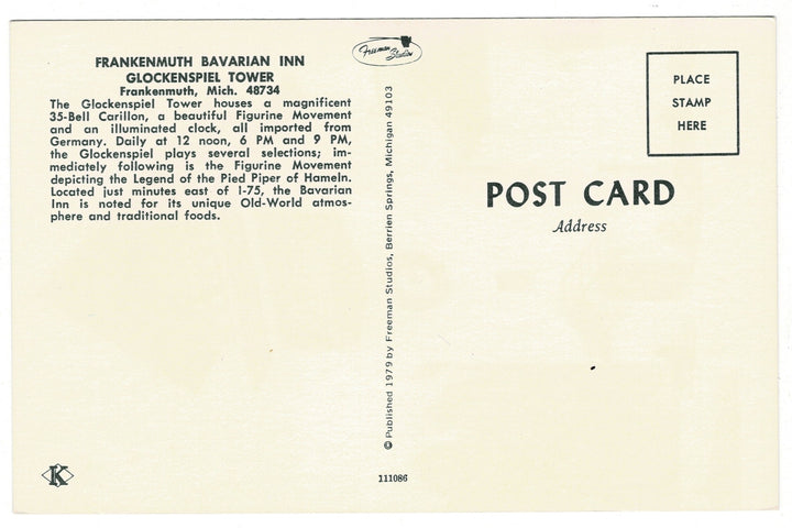 1979 Bavarian Inn Glockenspiel Frankenmuth Michigan Vintage Postcard.