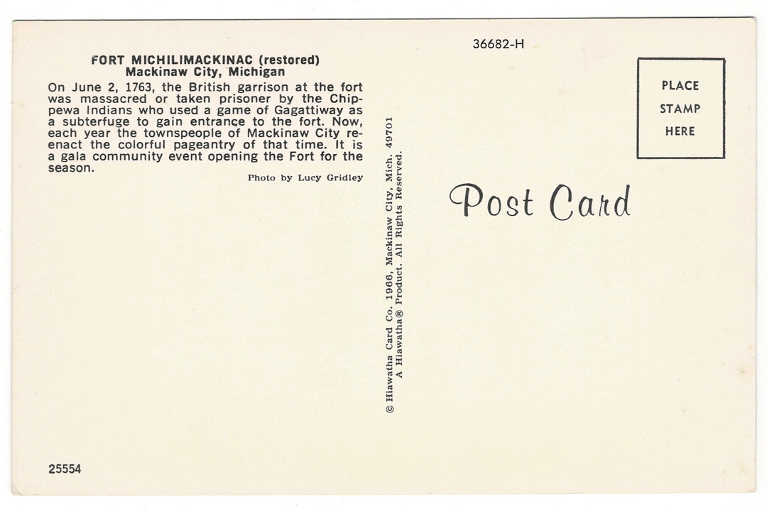  1966 Fort Michilimackinac, Mackinaw City, Michigan Vintage Postcard.