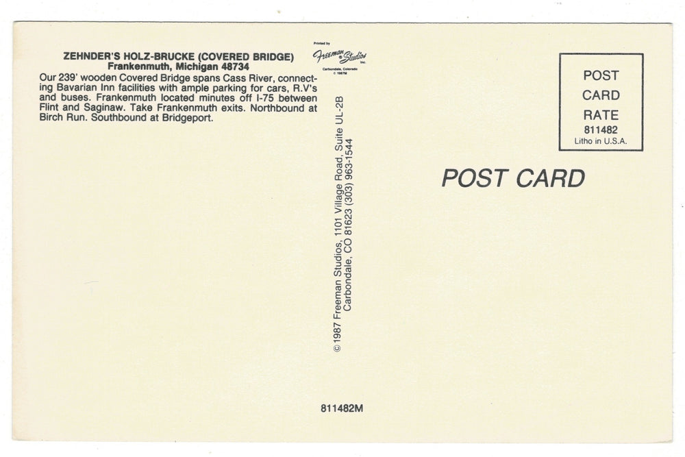 1987 Holz Brücke Covered Bridge, Frankenmuth Michigan Vintage Postcard.