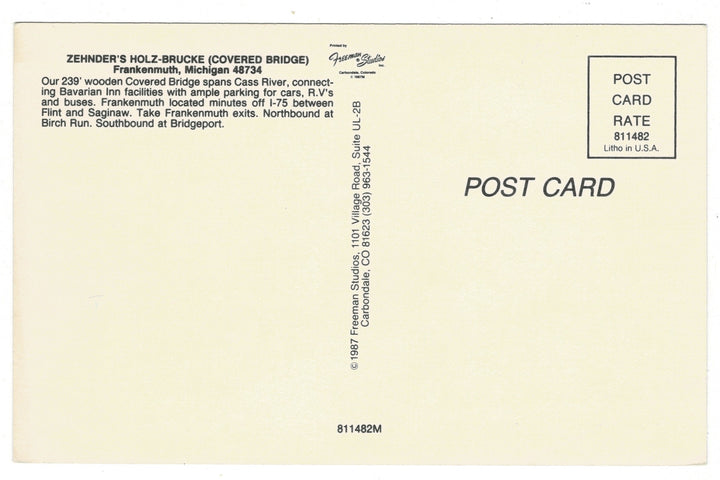 1987 Holz Brücke Covered Bridge, Frankenmuth Michigan Vintage Postcard.