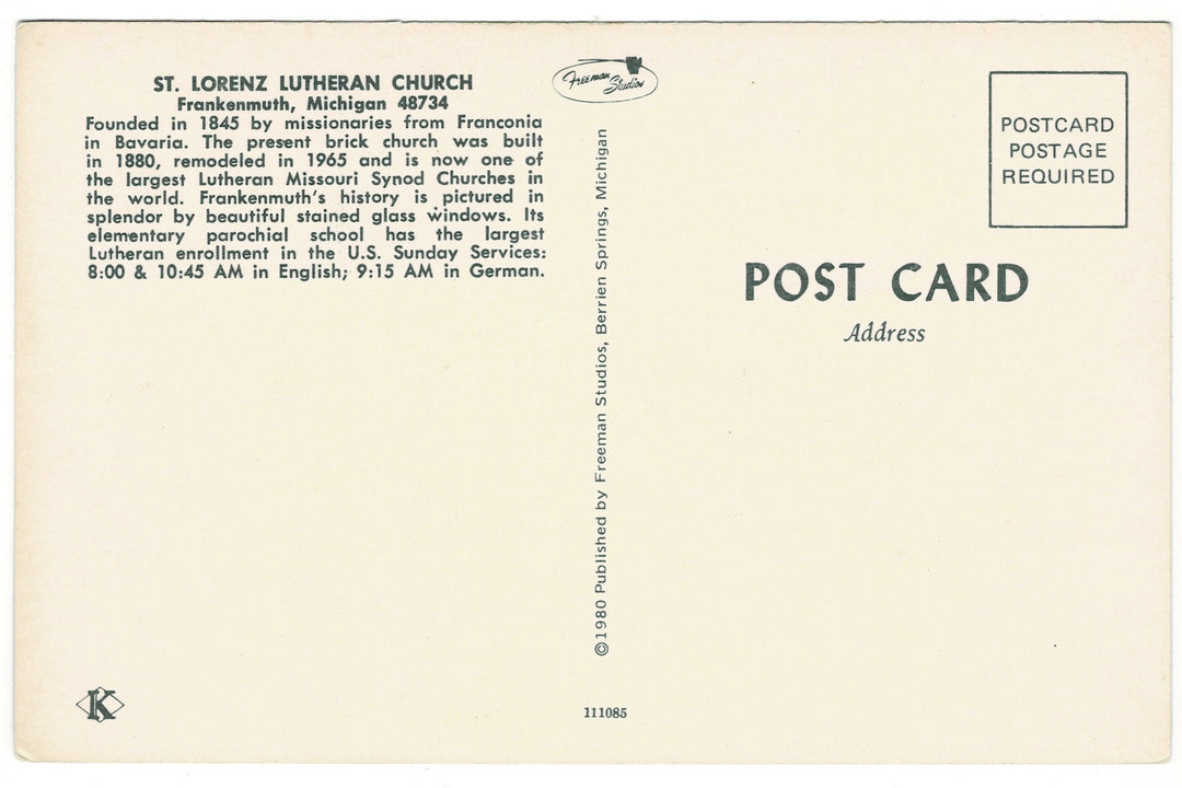 1980 St. Lorenz Lutheran Church, Frankenmuth Michigan Vintage Postcard.