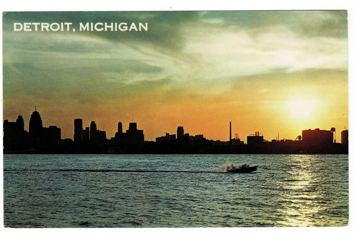 1960s Detroit Skyline at Sunset from Belle Isle, Michigan Vintage Postcard.