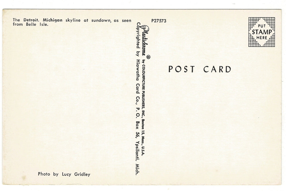 1960s Detroit Skyline at Sunset from Belle Isle, Michigan Vintage Postcard.