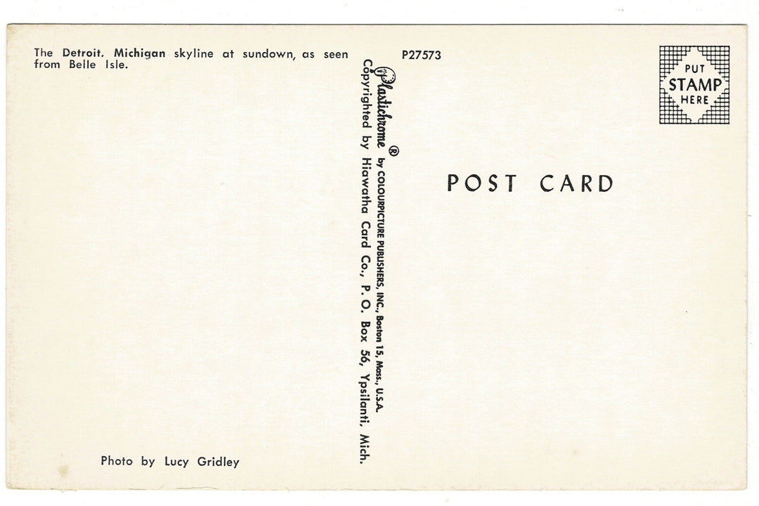 1960s Detroit Skyline at Sunset from Belle Isle, Michigan Vintage Postcard.