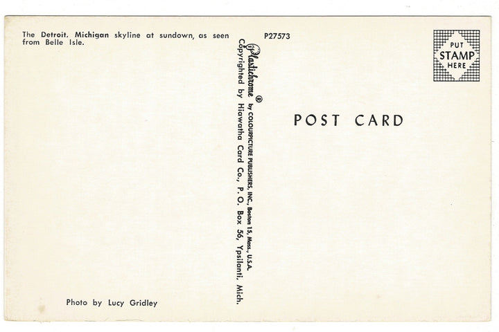 1960s Detroit Skyline at Sunset from Belle Isle, Michigan Vintage Postcard.