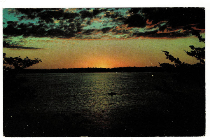 1951 Sunset Over Lake Wautoma, Waushara County Wisconsin postcard.